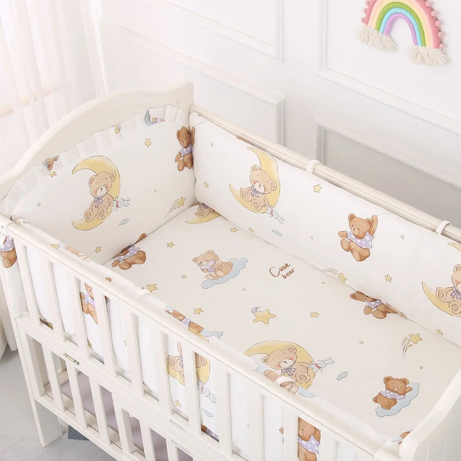 Cartoon Crib Liner 3D Mesh Cotton Baby Bed Bumper Baby Cot Bedding Sets Baby Bed Protector 5PCS Baby Bedding Set Bumpers+Sheet