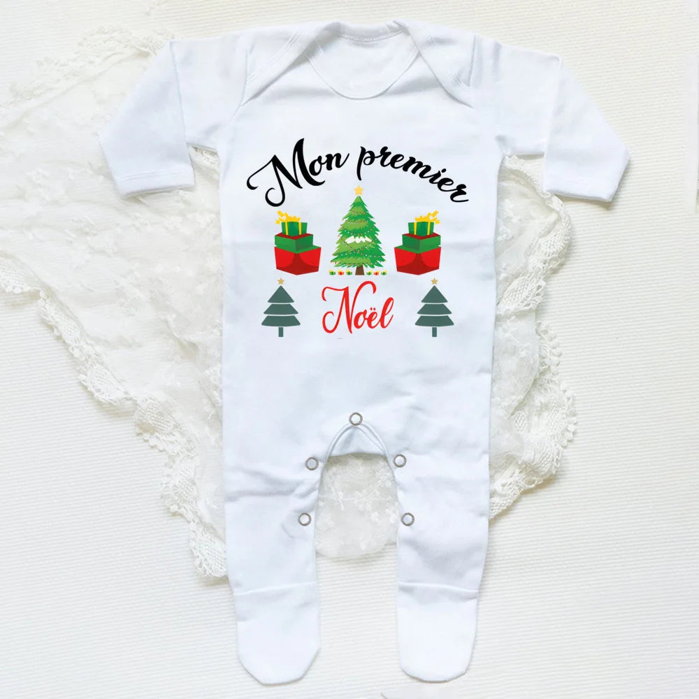 Your Baby's First Christmas Footed Sleepsuit Romper With French Letter Print Unisex Newborn Through Six Months