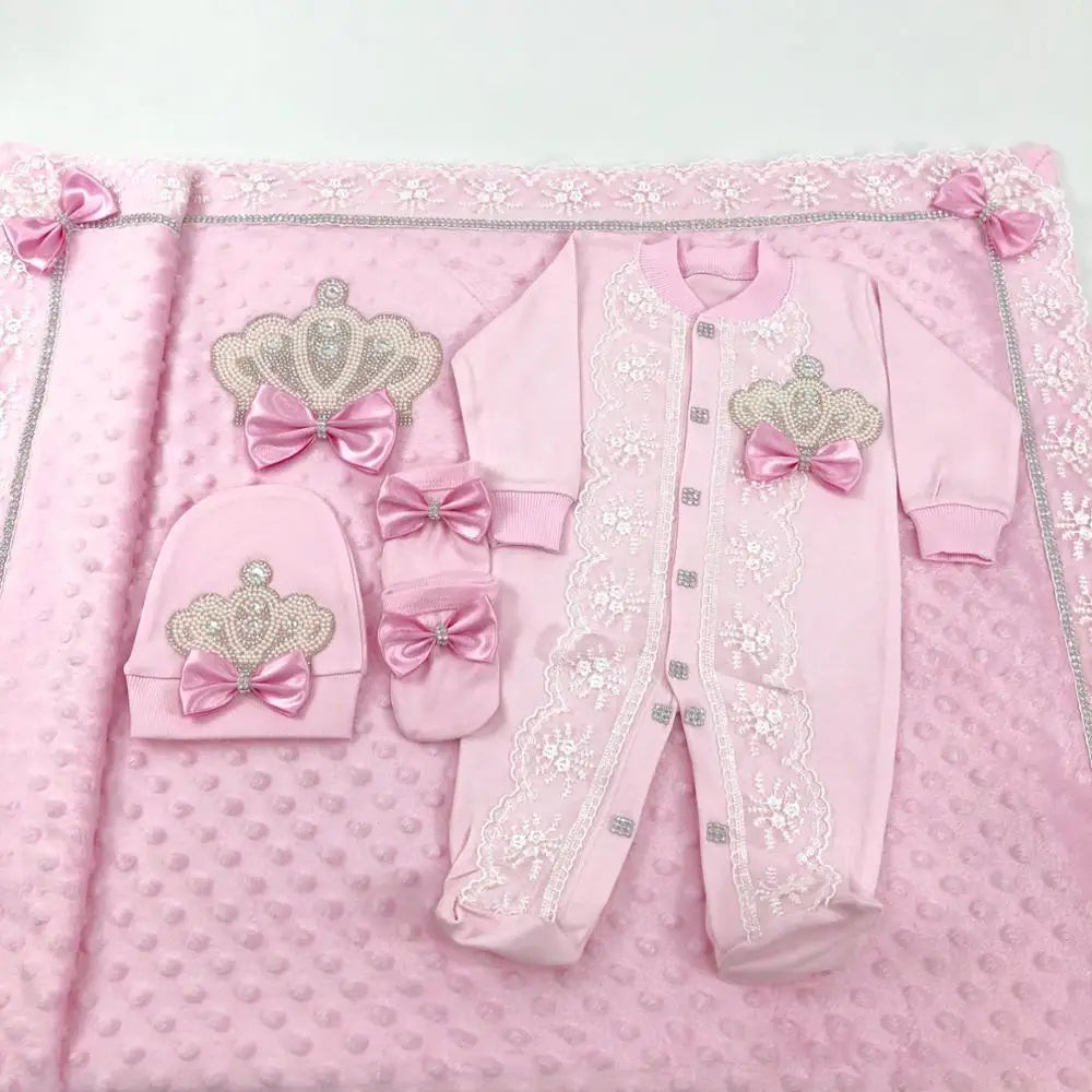 Dollbling Newborn Baby Outfits 5pcs Cotton Receiving Blanket Name Personalized  Crown Jewelry Angle Wings Welcome Home Romper