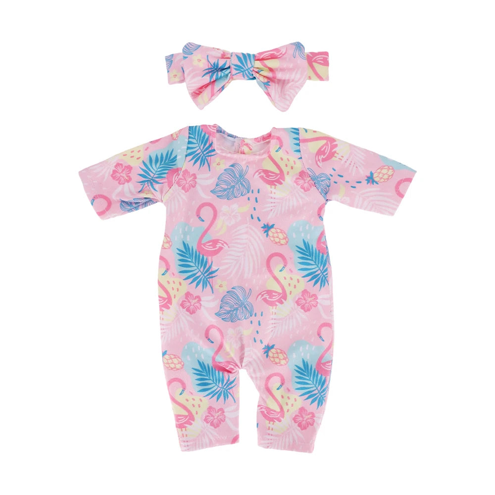 2Pcs/set Pajamas For 43CM Baby Doll&18Inch American Doll Clothes Bow Tie Headband+Jumpsuit Pajamas Unicorn Flamingo Pattern,Toys