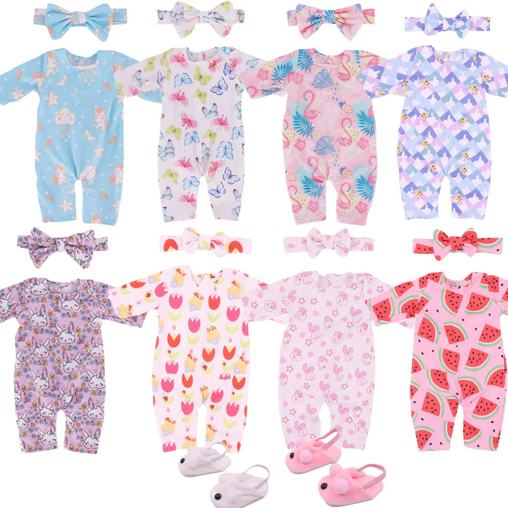 2Pcs/set Pajamas For 43CM Baby Doll&18Inch American Doll Clothes Bow Tie Headband+Jumpsuit Pajamas Unicorn Flamingo Pattern,Toys