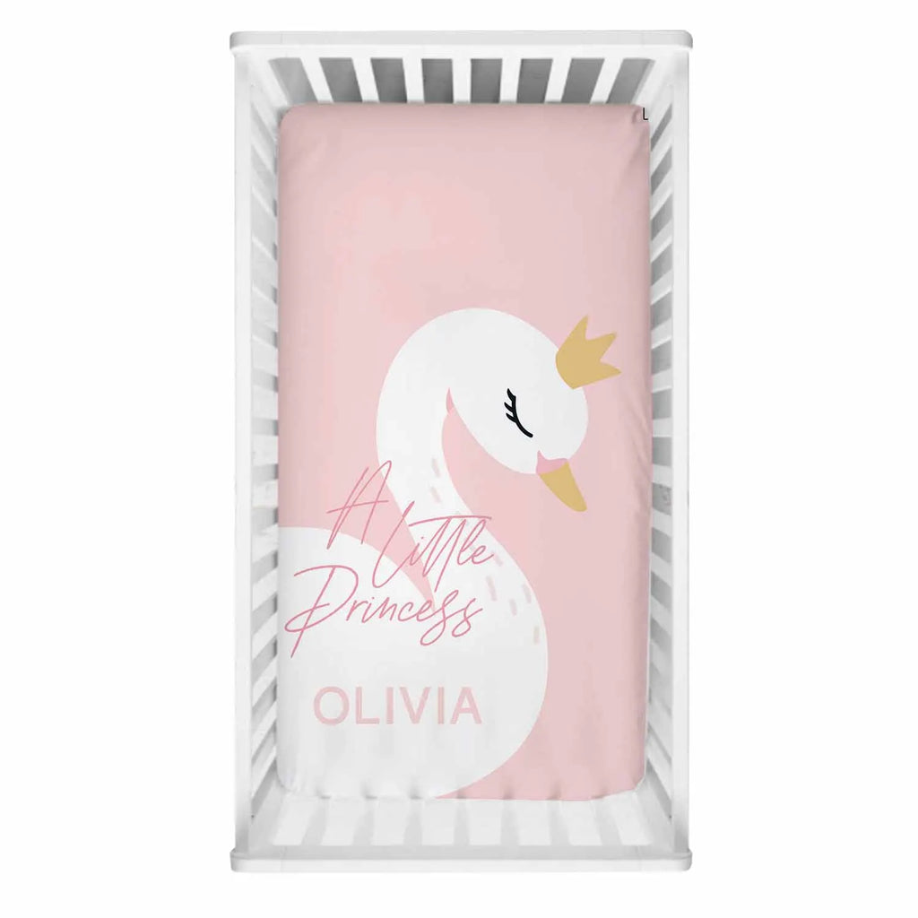 Pink Cute Swan Crib Sheet Set, Custom Name Baby Girl Crib Bedding Set, Baby Shower Gift Bedding Set