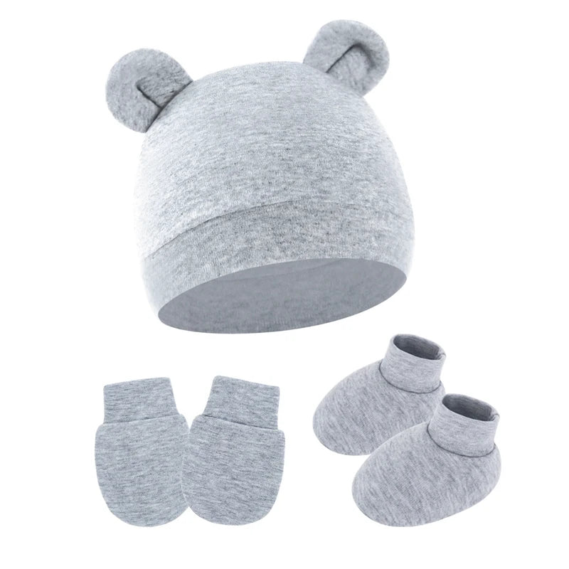 3Pcs Newborn Hat Set Cotton Bear Baby Beanie Hat Gloves Socks Suit Candy Color Infant Bonnet Toddler Cap Newborn Gift 0-6M