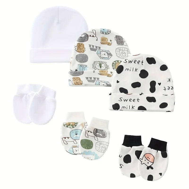 3 Sets Newborn Hat Gloves 100% Cotton Cartoon Baby Beanie Hat for Girls Boys Infant Bonnet Toddler Cap Kids Accessories 0-6M