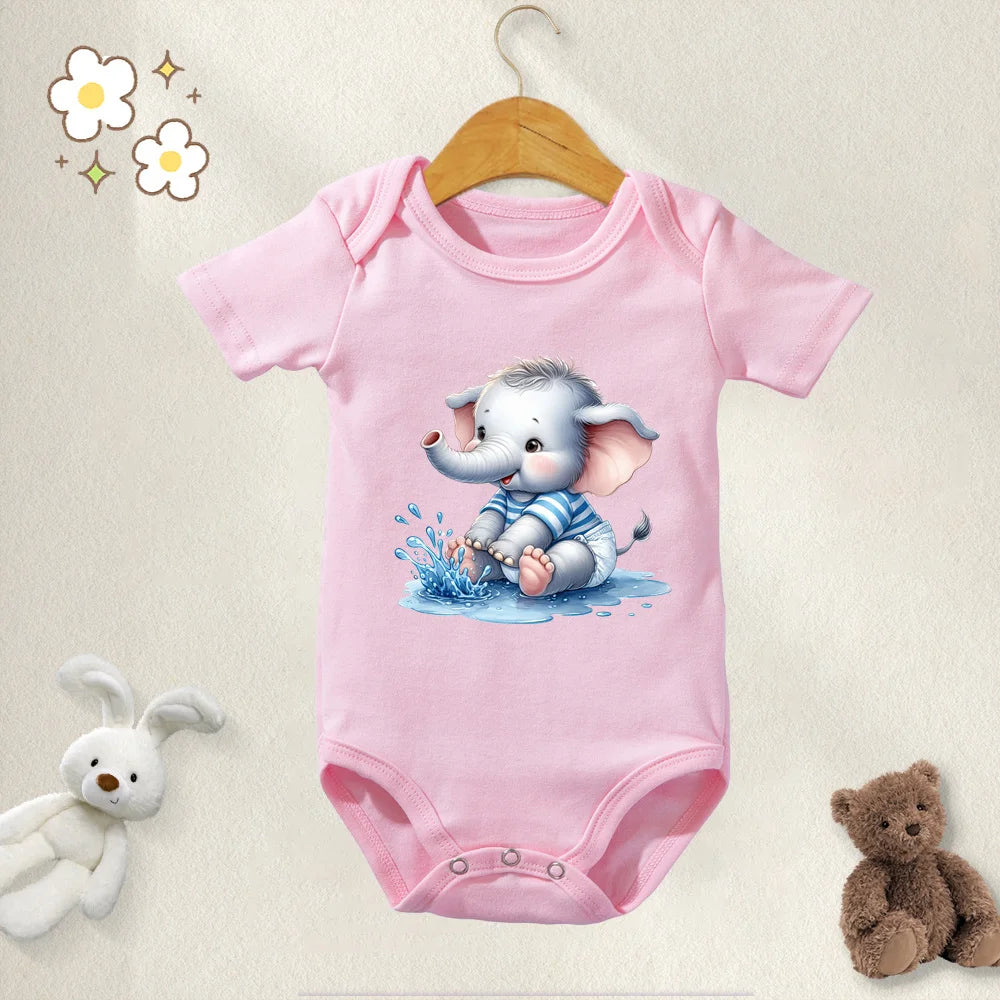 Unisex Baby Bodysuit Cute Elephant Print 100 Percent Cotton Short Sleeve Onesie Romper for 0 To 12 Months