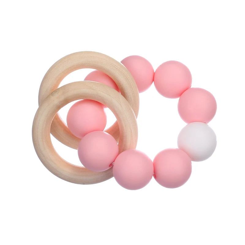 Wooden Toys Baby Bracelets Teether Silicone Beads Teething Wood Ring Rattles Toys Infant Nursing Gift for Newborns BPA Free
