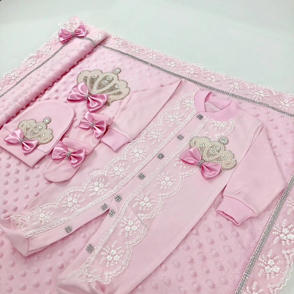 Dollbling Newborn Baby Outfits 5pcs Cotton Receiving Blanket Name Personalized  Crown Jewelry Angle Wings Welcome Home Romper