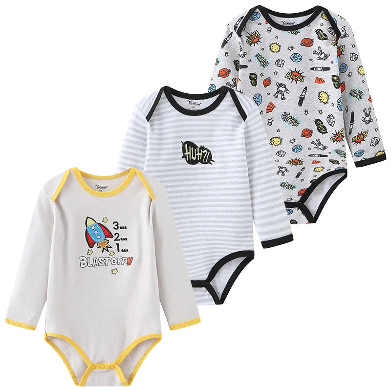 Kiddiezoom Three Piece Newborn Cartoon Long Sleeve 100 Percent Cotton Baby Bodysuits Unisex Soft Infant Onesies