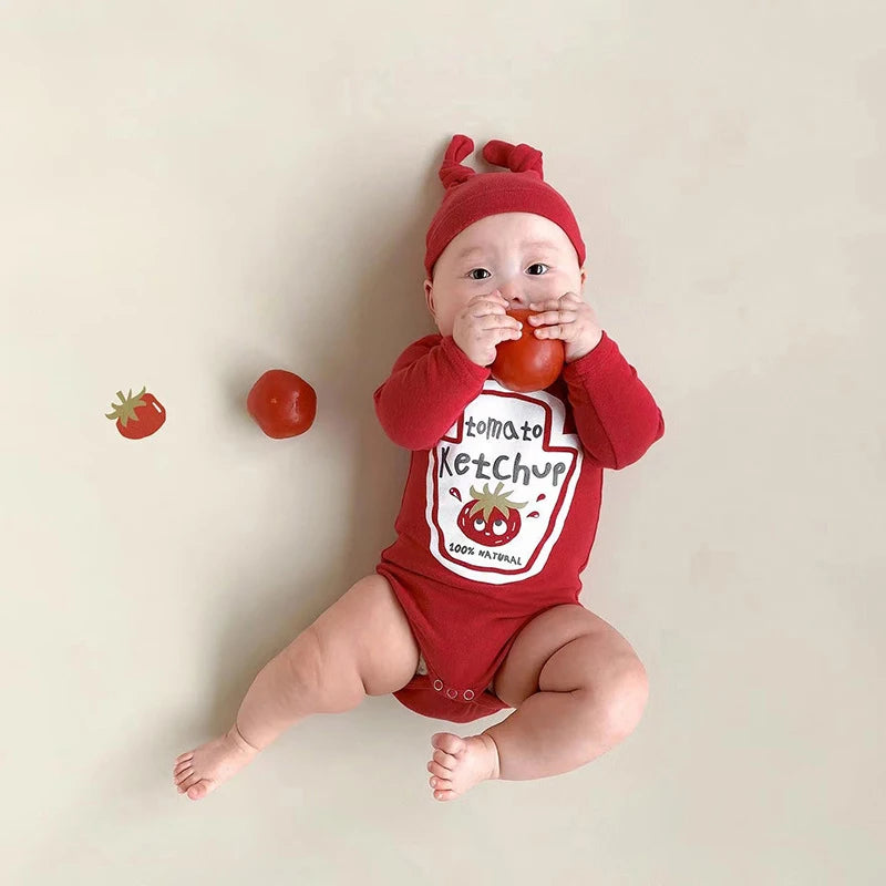 Baby Onesie Cotton Red Mustard Unisex Cosplay Set With Hat