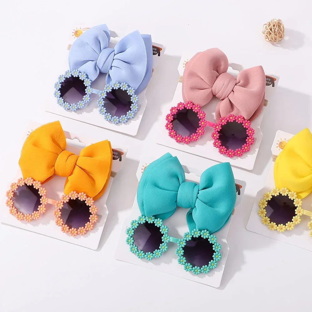 2Pcs Kids Sunglasses Headband Set Daisy Flower Round Toddler Bohemia Beach Seaside Sun Protection Eyewear Kids Hair Accessories
