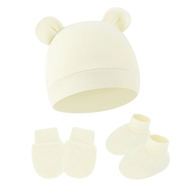 3Pcs Newborn Hat Set Cotton Bear Baby Beanie Hat Gloves Socks Suit Candy Color Infant Bonnet Toddler Cap Newborn Gift 0-6M