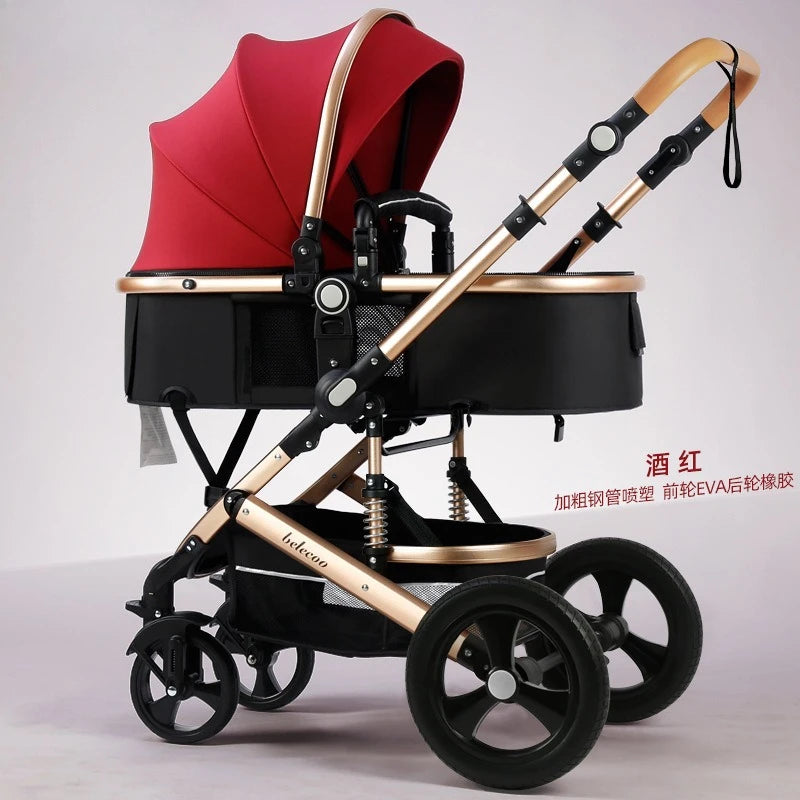 Foldable Baby Stroller With Shock Absorbing Suspension And Lie Flat Newborn Seat Two Way Handle High Landscape View
