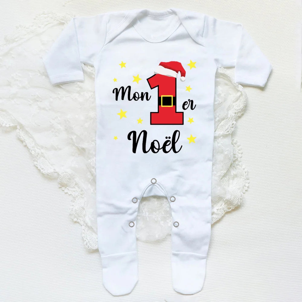 Your Baby's First Christmas Footed Sleepsuit Romper With French Letter Print Unisex Newborn Through Six Months