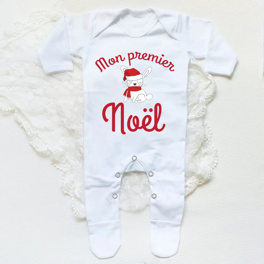 Your Baby's First Christmas Footed Sleepsuit Romper With French Letter Print Unisex Newborn Through Six Months