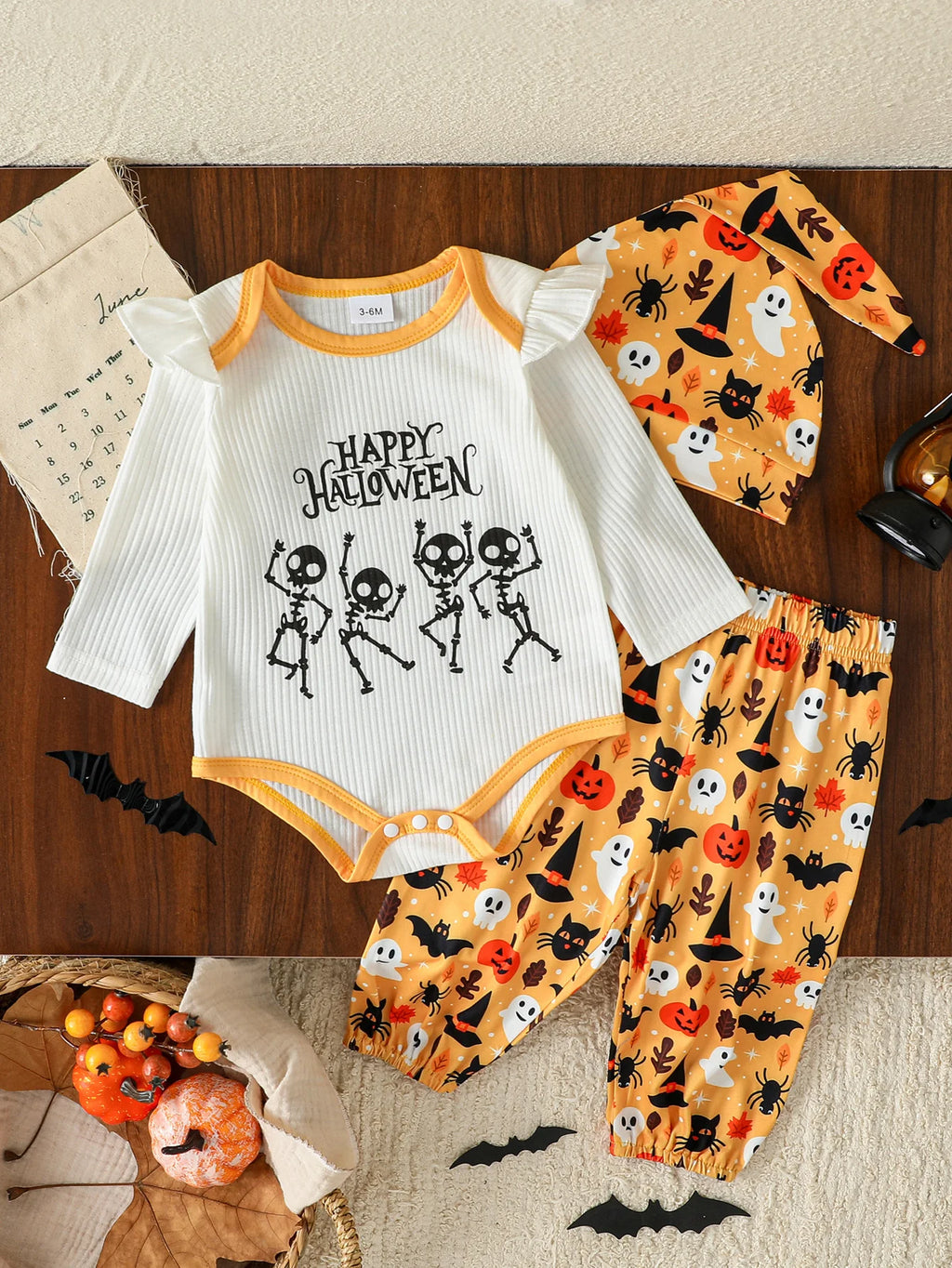 3Pcs Autumn Halloween Infant Baby Girl Boys Outfit Print Long Sleeve Romper Pants Fall Cute Streetwear Clothes Set+Hat