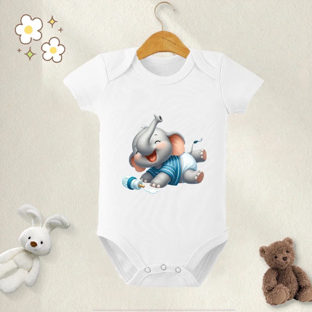 Unisex Baby Bodysuit Cute Elephant Print 100 Percent Cotton Short Sleeve Onesie Romper for 0 To 12 Months