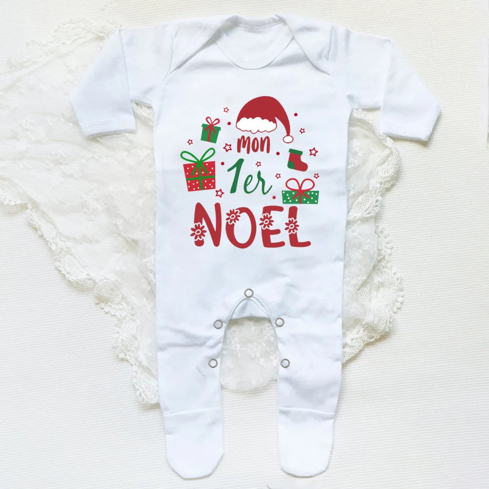 Your Baby's First Christmas Footed Sleepsuit Romper With French Letter Print Unisex Newborn Through Six Months
