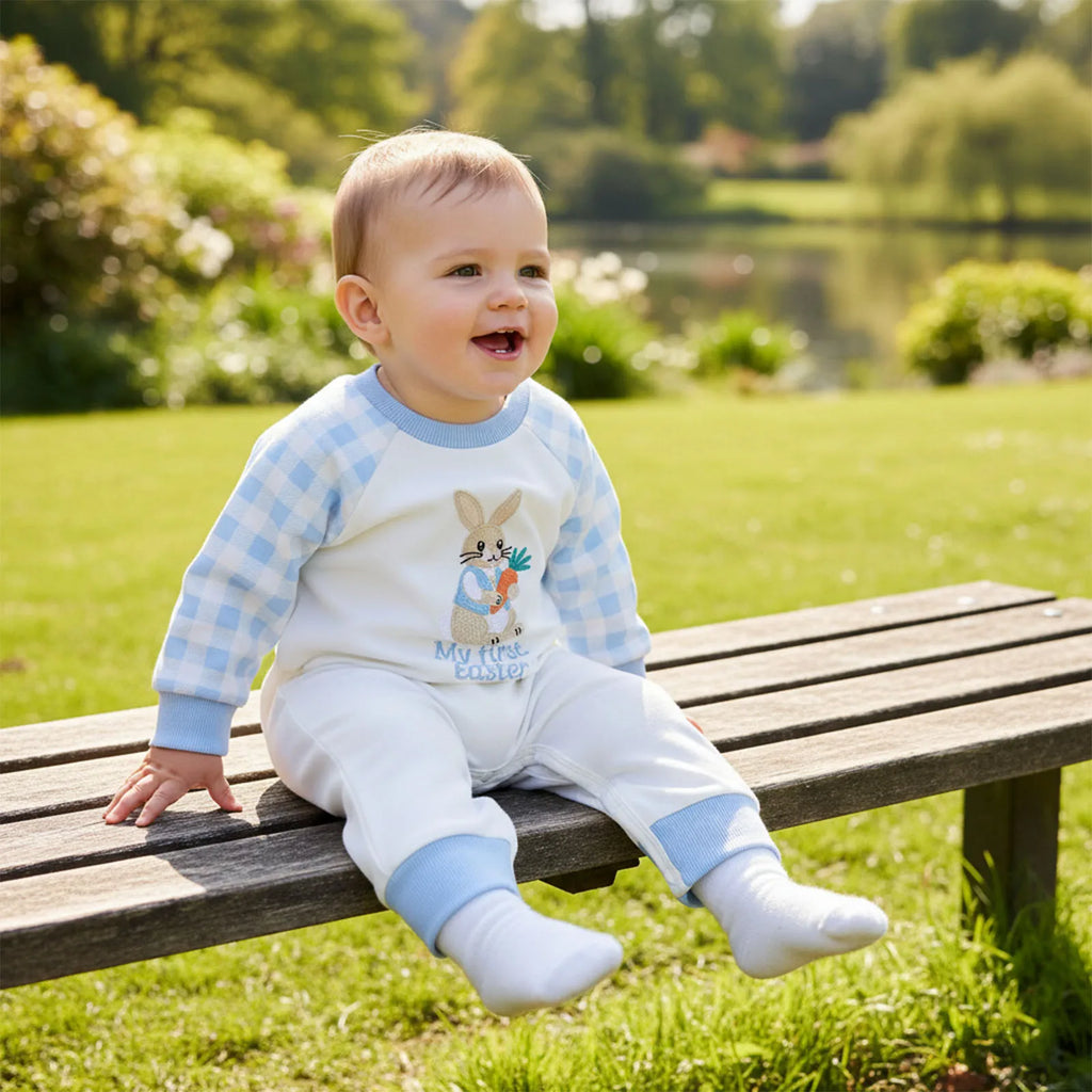 Cute Baby Easter Romper Bunny Letter Embroidered Plaid Long Sleeve Crew Neck Newborn Baby Rabbit Jumpsuit Costume