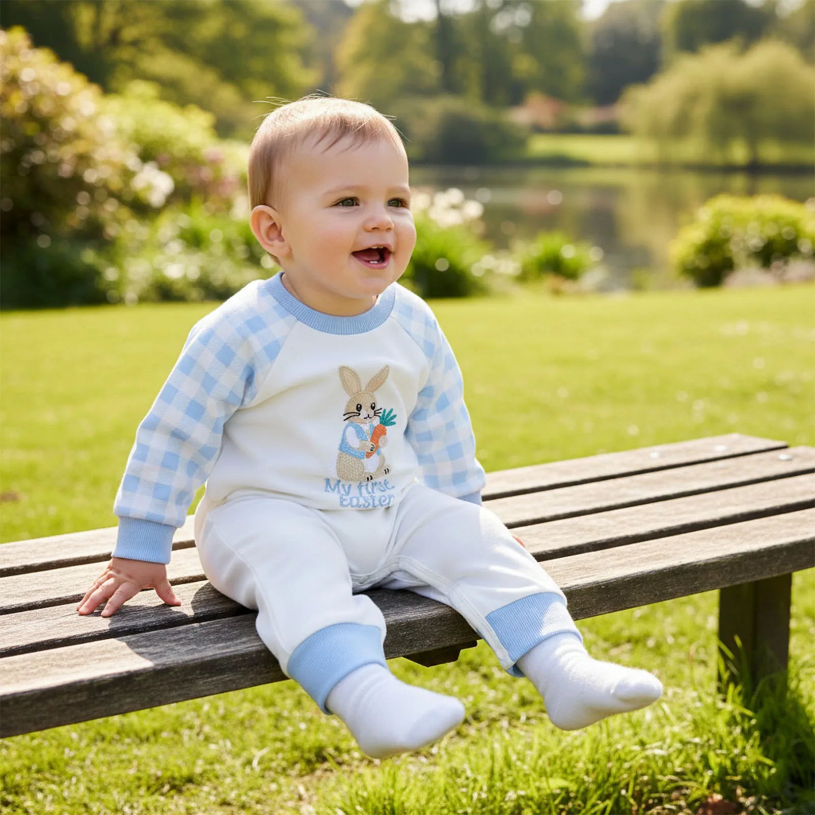 Cute Baby Easter Romper Bunny Letter Embroidered Plaid Long Sleeve Crew Neck Newborn Baby Rabbit Jumpsuit Costume