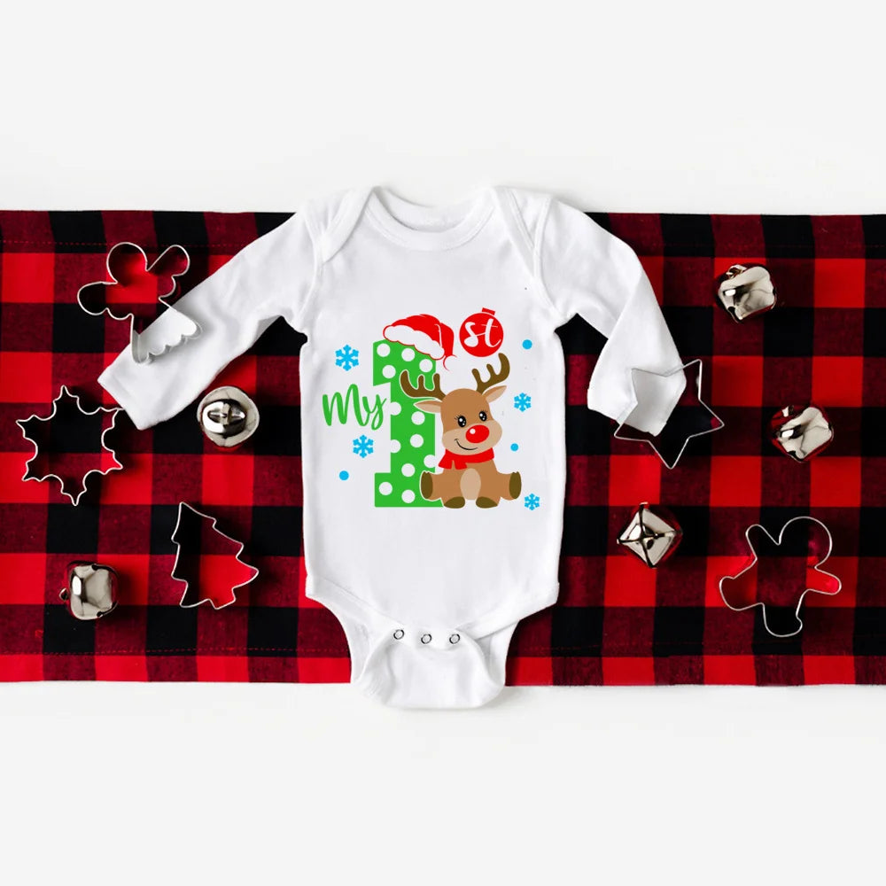 Your First Christmas Baby Long Sleeve Romper With Deer Print Unisex 0 To 24M Cozy Gift