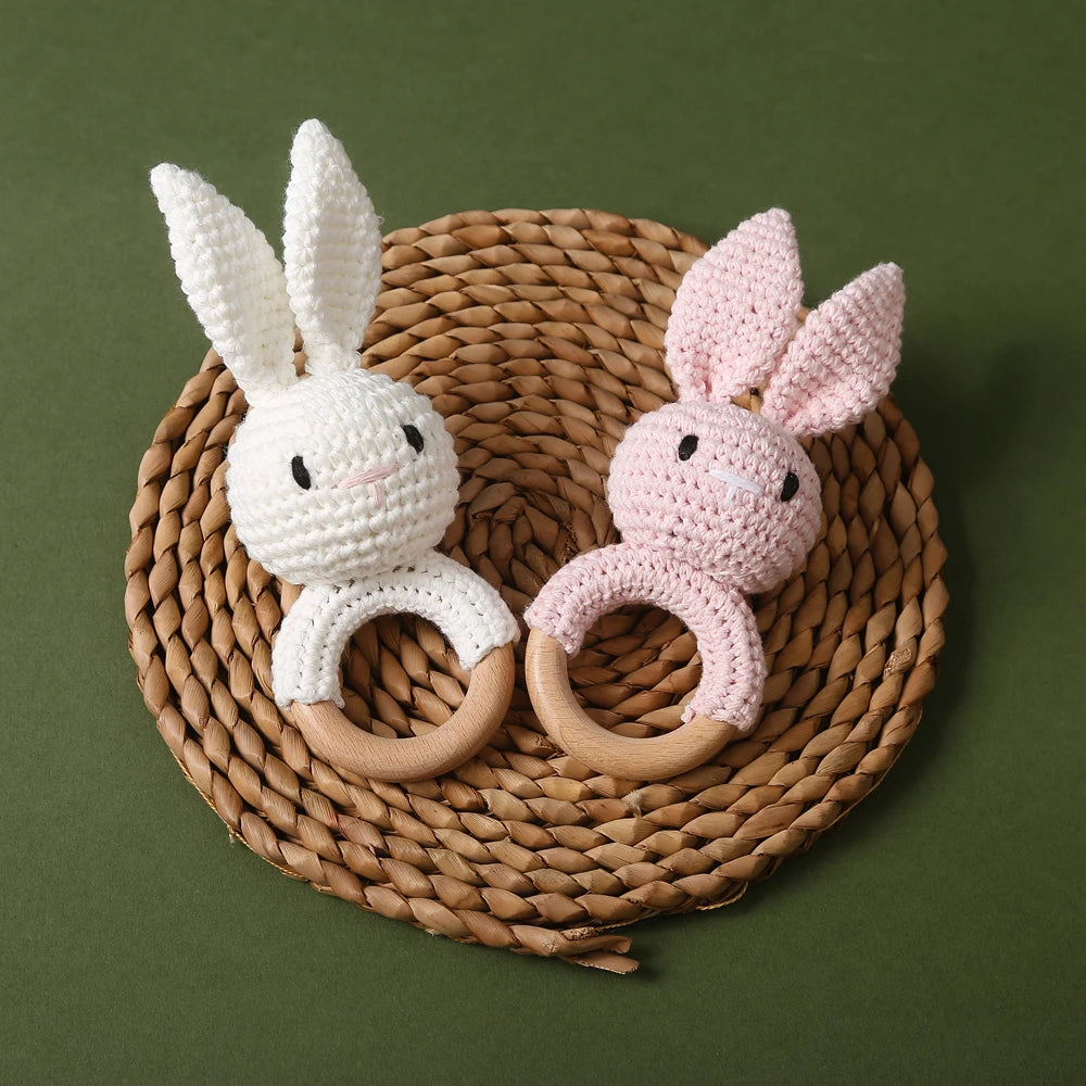Crochet Baby Toys Wooden Easter Handmade Bunny Rattle Toys 0 12 Months,Four Color Rabbit Rattle Soft,New born Baby Teething Toys