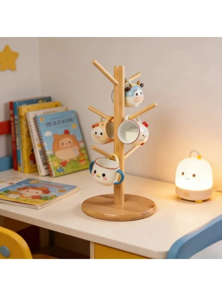 Mug Tree Holder Bamboo Natural Six-Hook Space-Saving Desk Organizer