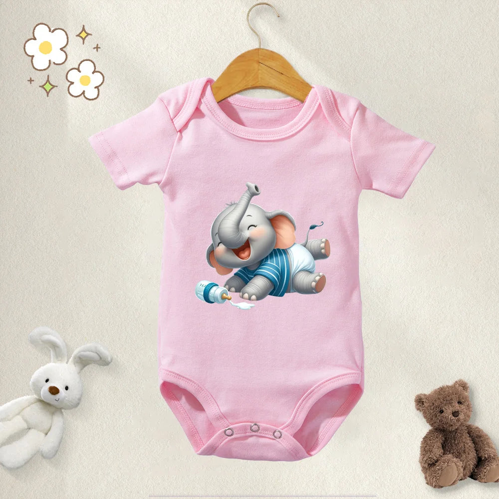 Unisex Baby Bodysuit Cute Elephant Print 100 Percent Cotton Short Sleeve Onesie Romper for 0 To 12 Months