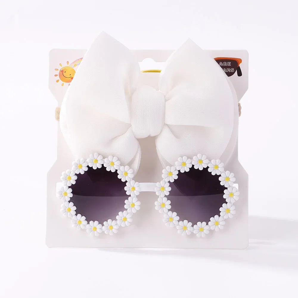 2Pcs Kids Sunglasses Headband Set Daisy Flower Round Toddler Bohemia Beach Seaside Sun Protection Eyewear Kids Hair Accessories