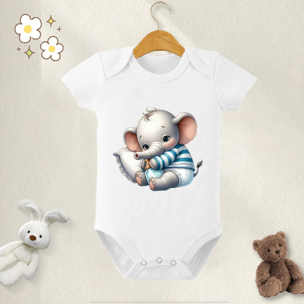 Unisex Baby Bodysuit Cute Elephant Print 100 Percent Cotton Short Sleeve Onesie Romper for 0 To 12 Months