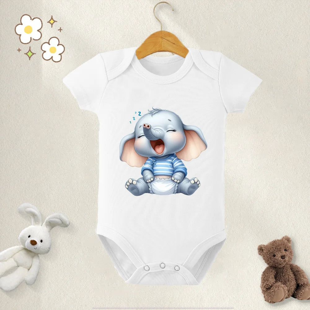 Unisex Baby Bodysuit Cute Elephant Print 100 Percent Cotton Short Sleeve Onesie Romper for 0 To 12 Months