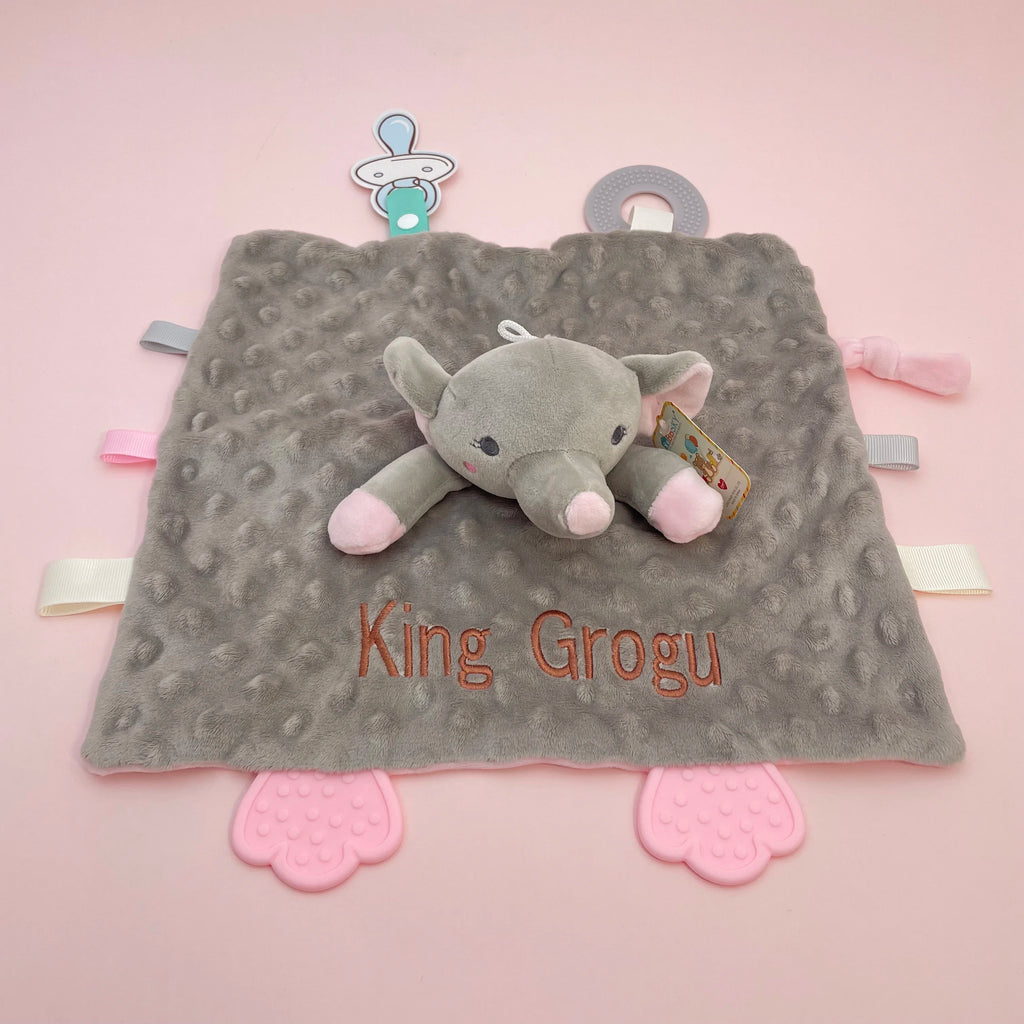 Personalized Newborn Baby Comforter Custom Minky Security Blanket with Teether Bunny Elephant Baby Shower Gift