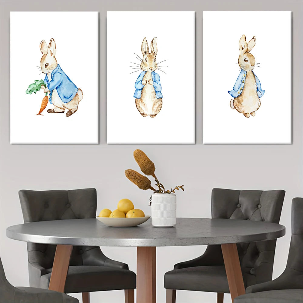 3 Cute Peter Rabbit Cartoon Canvas Decorative Paintings for Children's Room Bedroom Wall Art Hanging Paintings Warm Animal Patte