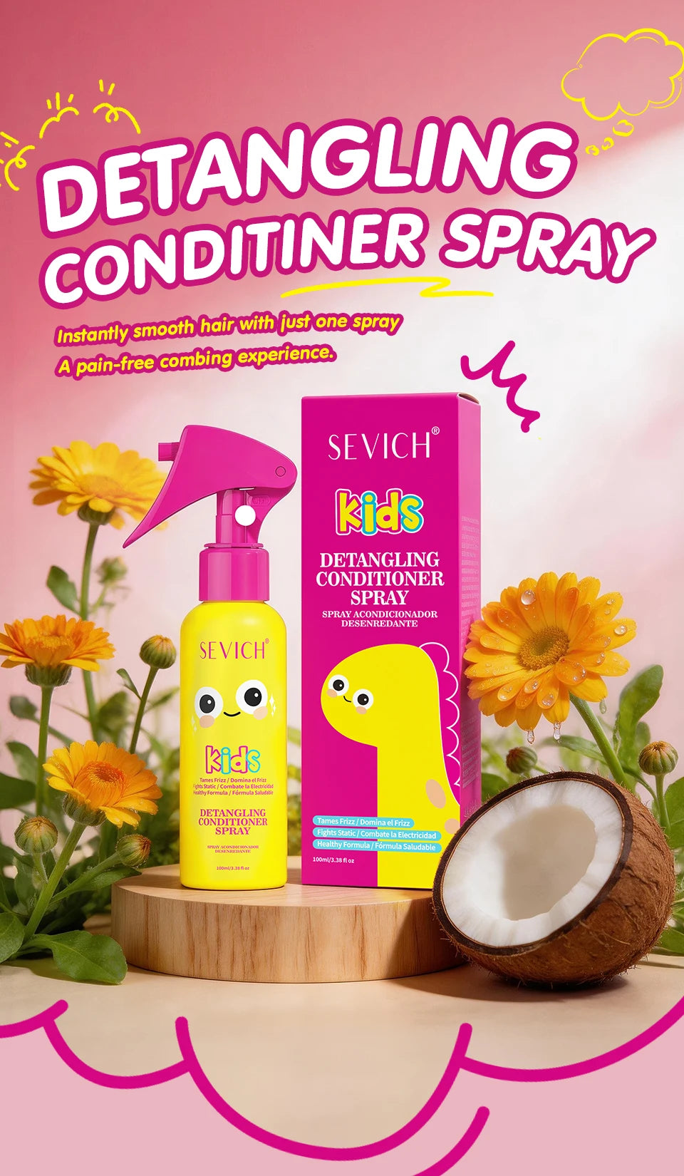 Kids Hair Detangler Spray 100ml Leave-In Conditioning Elixir for Tangle-Free Hair Adds Shine & Moisture Breakage & Reduces Frizz