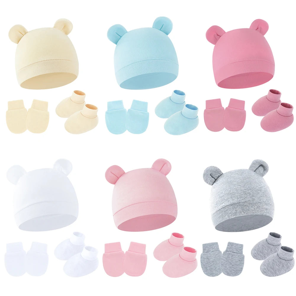 3Pcs Newborn Hat Set Cotton Bear Baby Beanie Hat Gloves Socks Suit Candy Color Infant Bonnet Toddler Cap Newborn Gift 0-6M