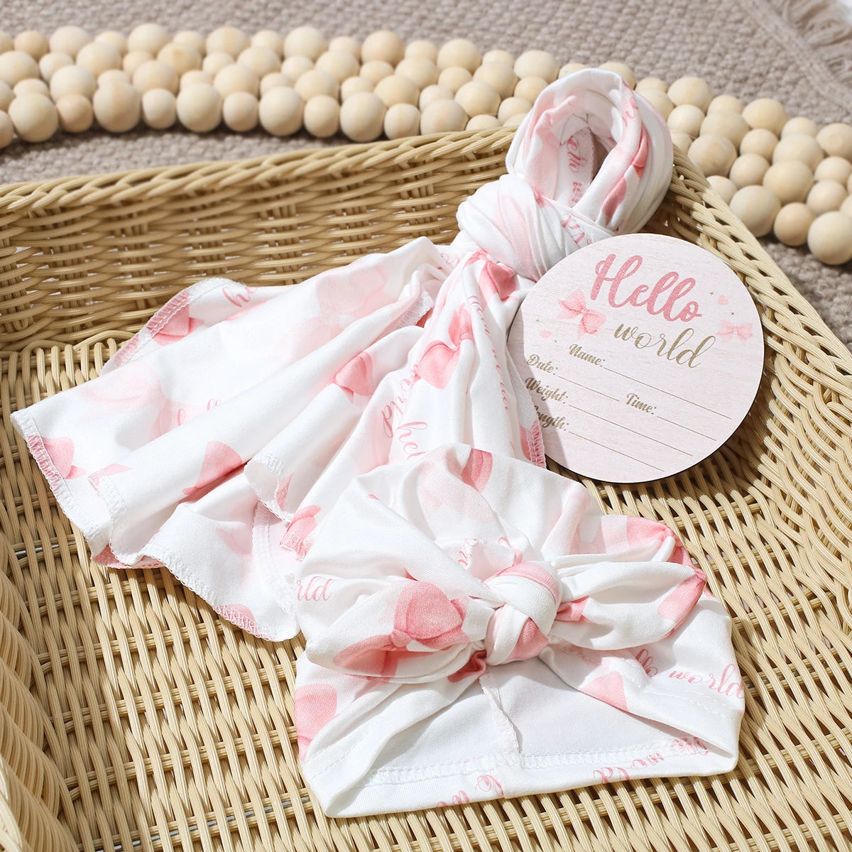 Newborn Baby Girl Swaddle Wrap Set Hello Bow Print Cotton Blanket + Bow Hat + Birth Announcement Card Infant Photoshoot Props