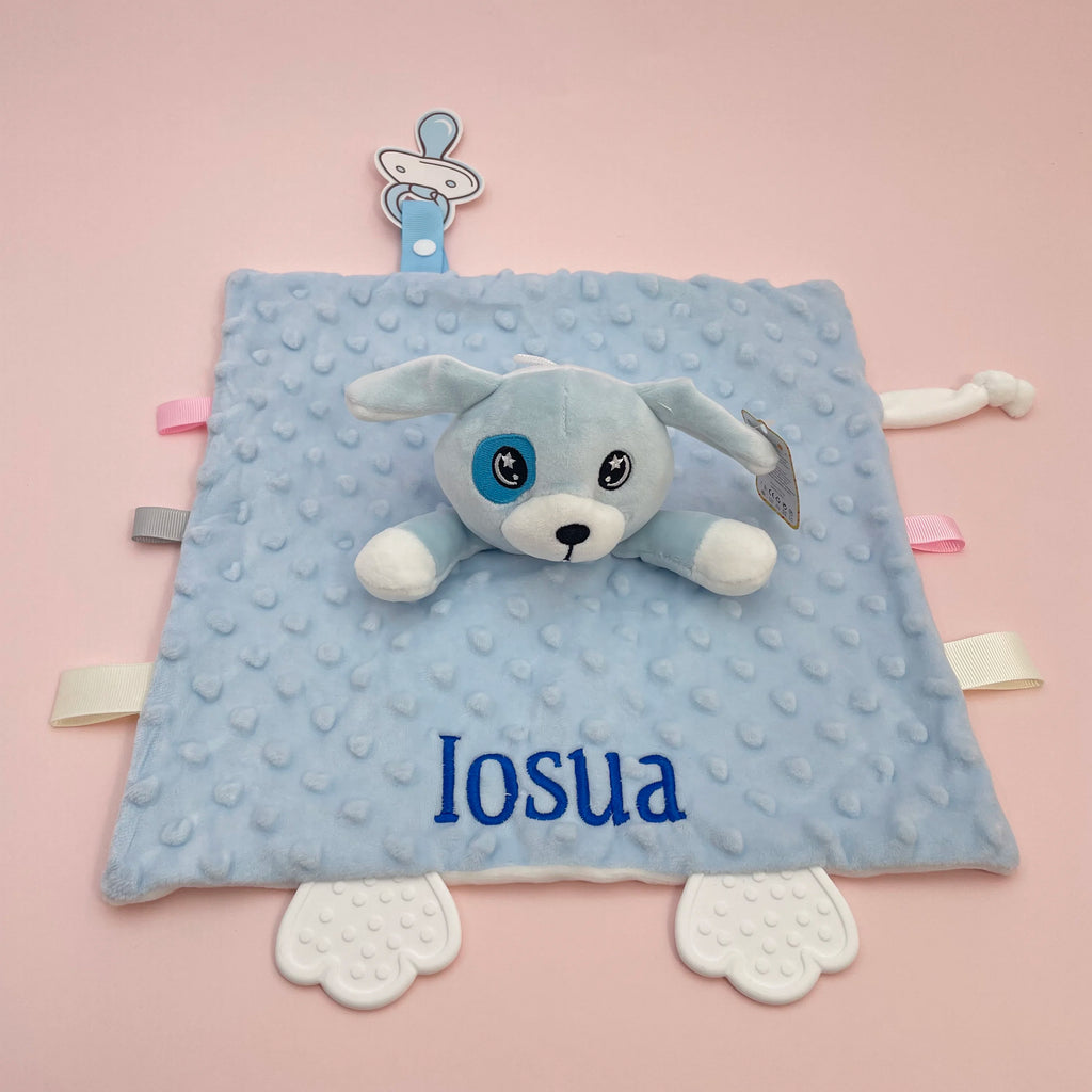 Personalized Newborn Baby Comforter Custom Minky Security Blanket with Teether Bunny Elephant Baby Shower Gift