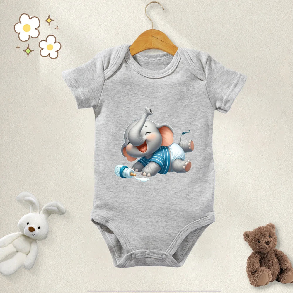 Unisex Baby Bodysuit Cute Elephant Print 100 Percent Cotton Short Sleeve Onesie Romper for 0 To 12 Months
