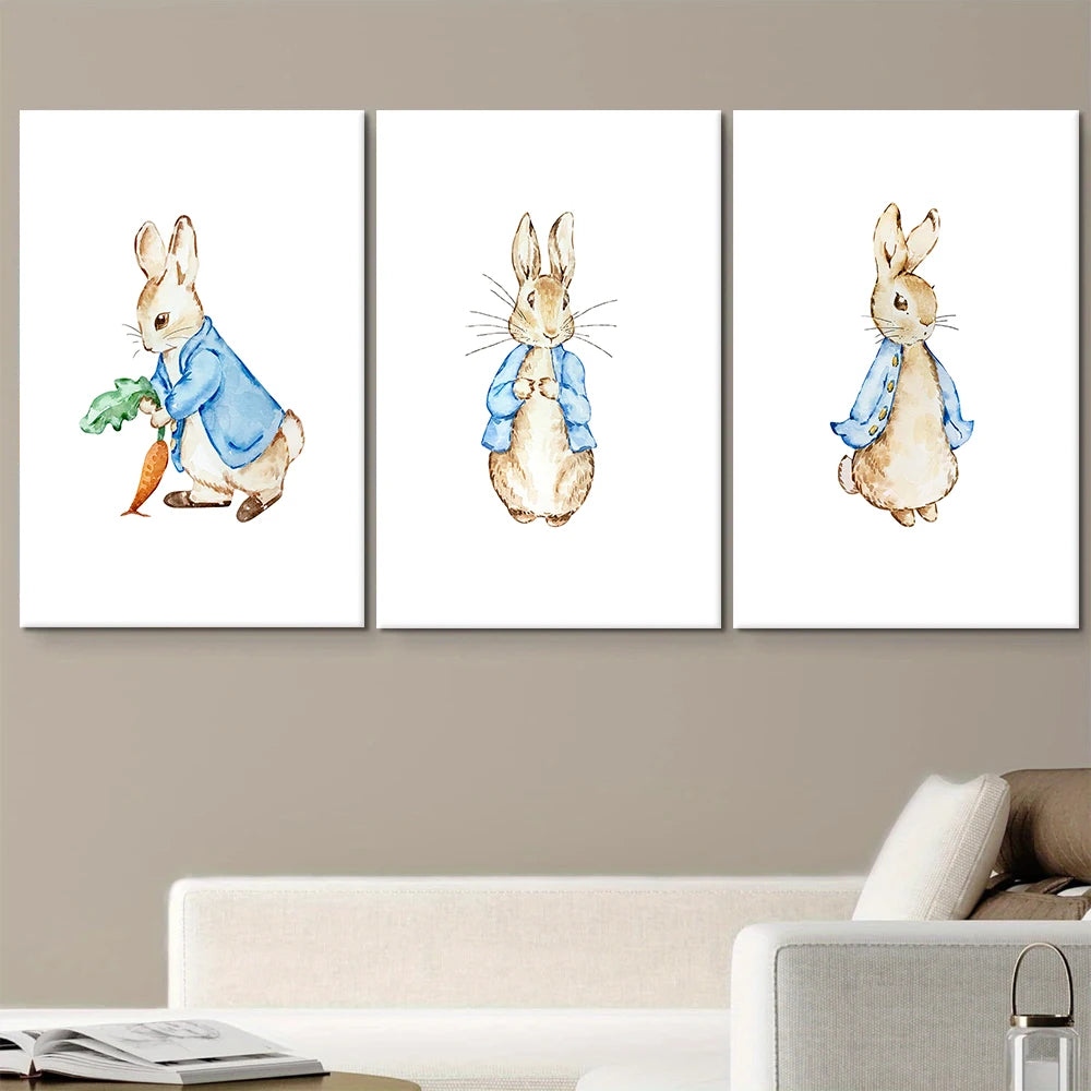 3 Cute Peter Rabbit Cartoon Canvas Decorative Paintings for Children's Room Bedroom Wall Art Hanging Paintings Warm Animal Patte