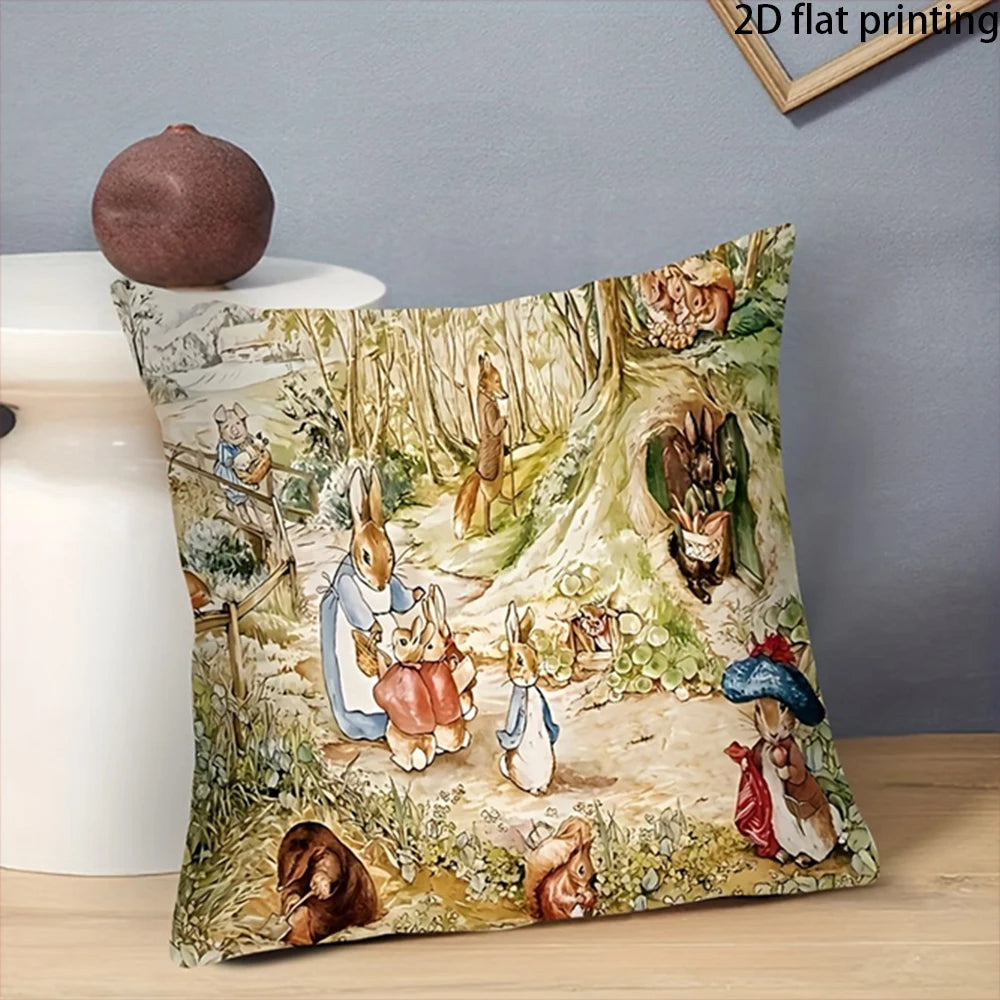 2D Flat-1PC Peter Rabbit Forest Throw Pillow Cover ,Suitable for beds, sofas, lounge chairs, home decoration.