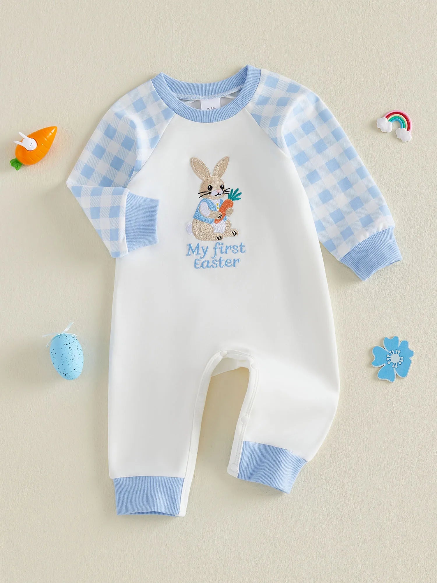 Cute Baby Easter Romper Bunny Letter Embroidered Plaid Long Sleeve Crew Neck Newborn Baby Rabbit Jumpsuit Costume
