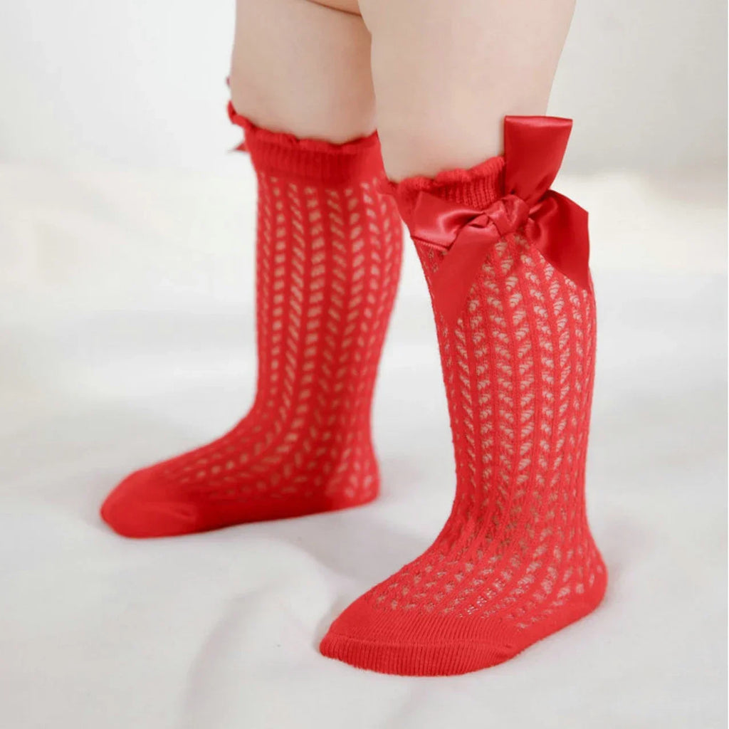 Cute Baby Girls Socks  Big Bows Soft Cotton Elastic White Red Newborn Stockings Knee High Long for Toddler Socks